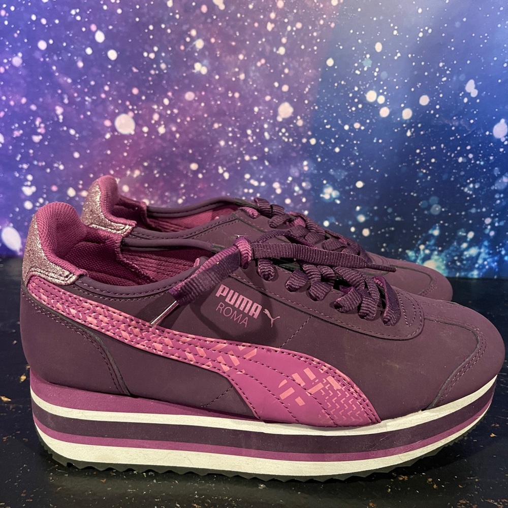 New Puma Roma Slim Stacked Camo Purple Platform Sneakers Retro Size 7.5 (fits 7